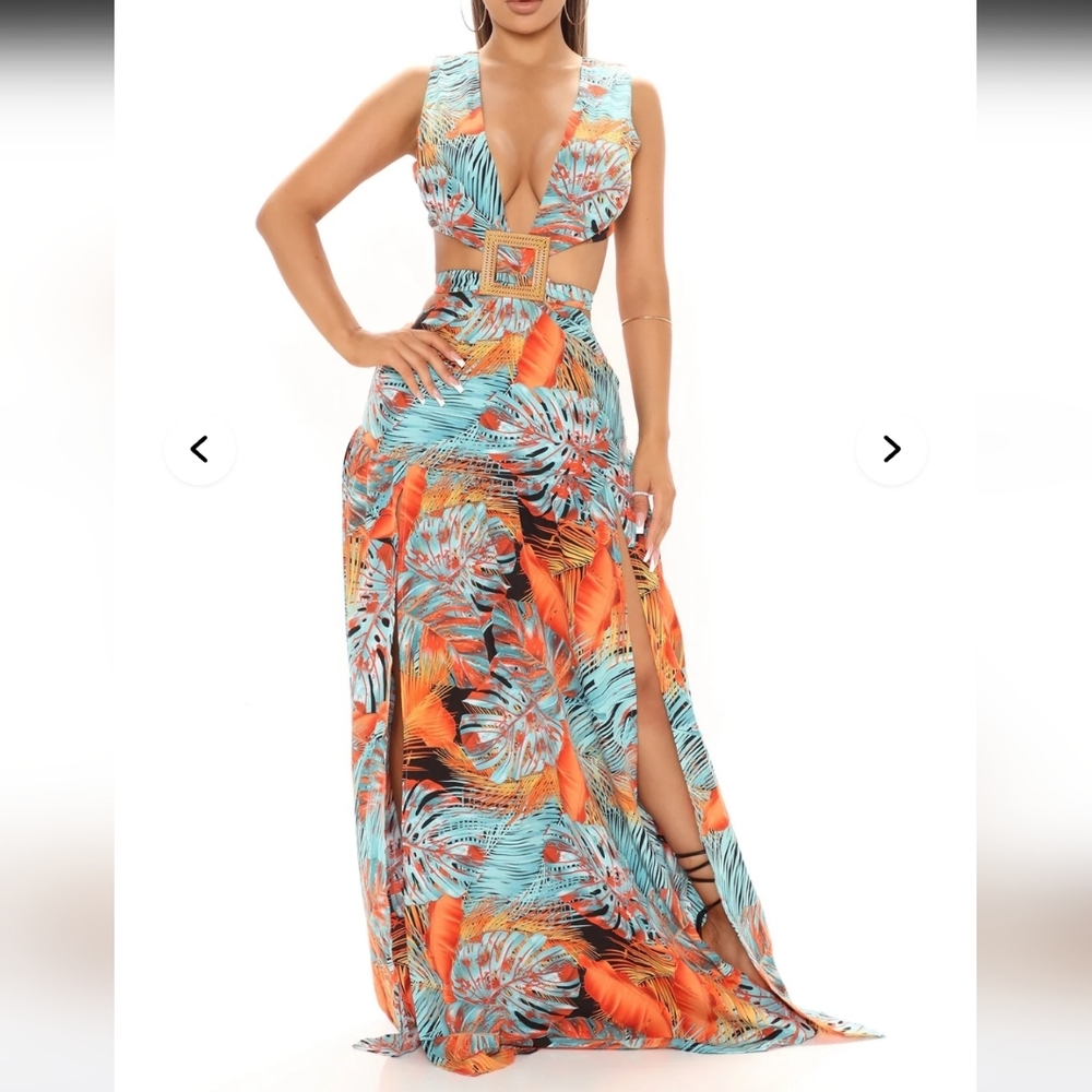 Fashion Nova Turquoise & Orange Tropical Cutout Maxi Dress